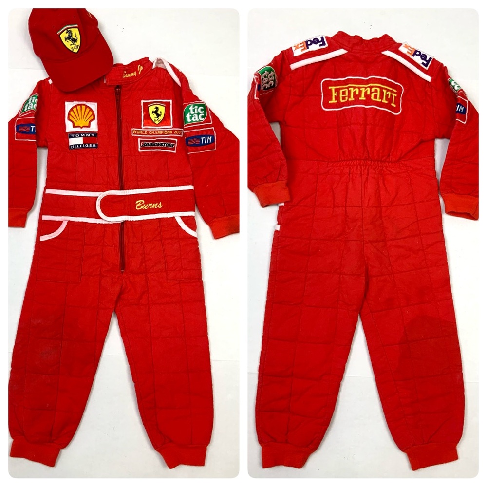Vintage 2001 Ferrari Kids Sz 4T Red F1 Driver Racing Suit Costume w/ Hat Italy